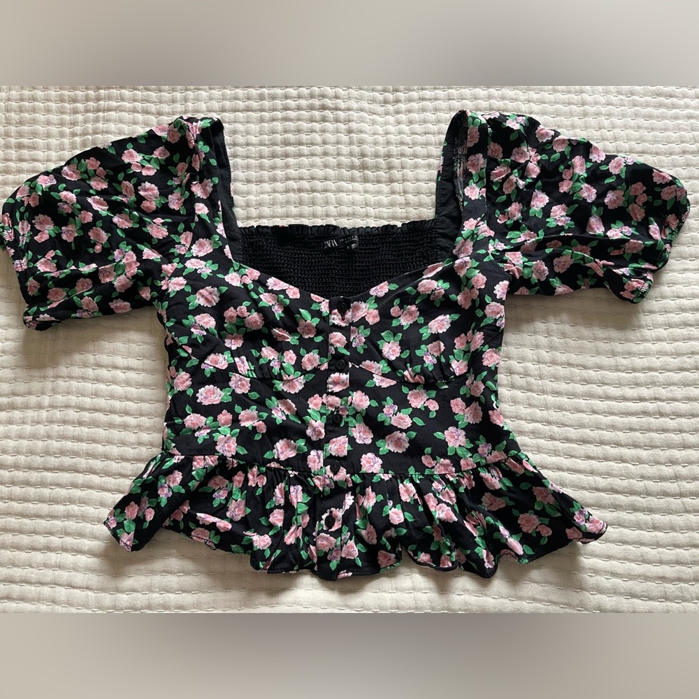 Zara Floral Black Top with Pink and Green Accents